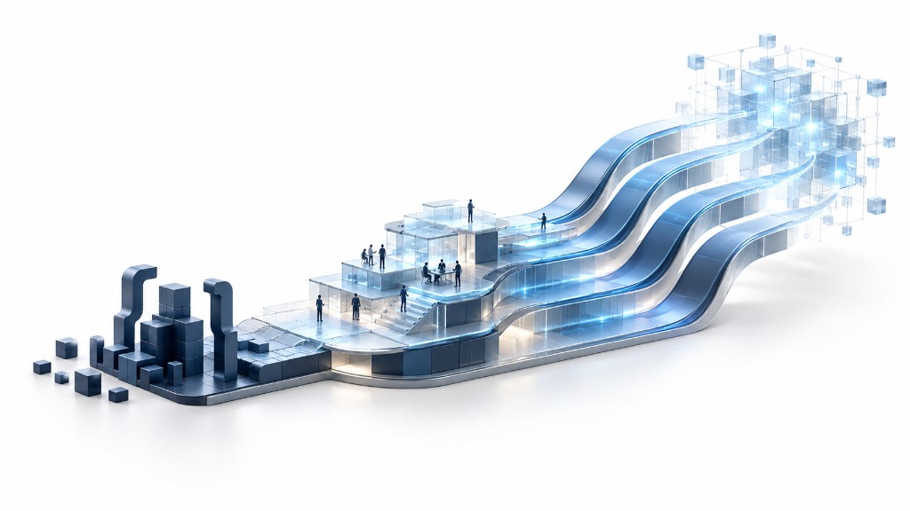 An abstract path evolving from code blocks into connected AI systems guided by people